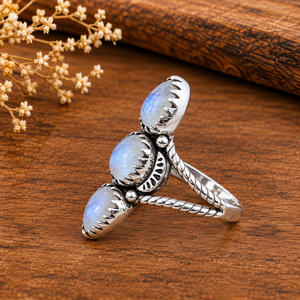 Bague en argent avec trois pierres de lune arc-en-ciel et feu bleu, style bohème occidental, bijou fantaisie pour femme, vente en gros - Product Image 6
