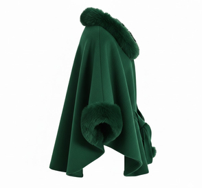 Manteau Cape en Laine Verte pour Femme avec Col et Poignets en Fausse Fourrure, Poncho Ceinturé, Élégant, Chaud et Tendance pour l'Hiver, Vêtement d'Extérieur de Luxe, Vente en Gros OEM Personnalisée - Product Image 5