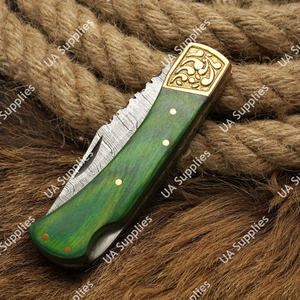 Couteau pliant professionnel en acier Damas pour bricolage industriel, manche en bois vert gravé, personnalisable OEM/ODM, multifonctionnel - Product Image 2