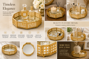 Plateau décoratif octogonal plaqué or avec motif géométrique, base miroir, style bohème - Product Image 4