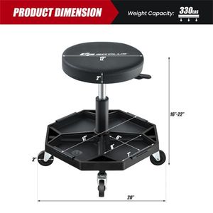 Heavy Duty Adjustable <b>Rolling</b> Stool in Black 330 LBS Capacity with <b>Tool</b> Tray Storage for Auto Repair - Product Image 4