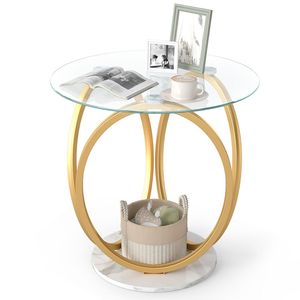 Tavolino Rotondo in Finto Marmo con Piano in Vetro Temperato, Elegante Tavolino da Caffè - Product Image 4