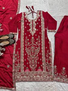 Suministro Directo de Fábrica: Traje Kurti Palazzo de Seda Chinnon para Mujer India con Bordado Premium y Dupatta de Lujo - Product Image 5