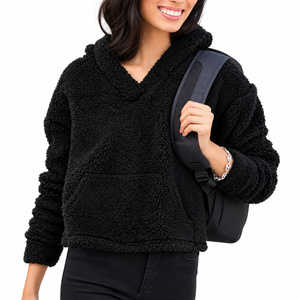 Custom <b>Womens</b> <b>Black</b> Sherpa <b>Fleece</b> Hoodie Plush Pullover Kangaroo Pocket Wholesale Winter Casualwear - Product Image 1
