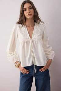 Blusa Blanca de Encaje con Cuello en V y Mangas Abullonadas para Mujer, con Lazo Delantero, Estilo Casual Holgado, Moderno y Romántico para Invierno, Primavera y Verano, ODM - Product Image 1