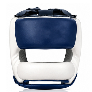 Casque de boxe OEM ODM bleu et blanc avec rembourrage antichoc, en cuir PU durable, ajustement réglable, protège-dents confortable et large - Product Image 1