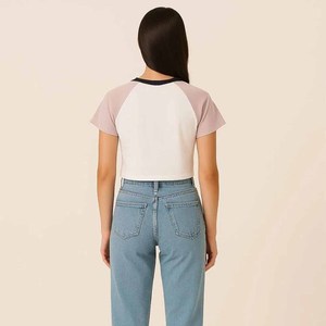 Women Color Block Crop <b>Top</b> <b>Raglan</b> Sleeve Crew Neck Knitted Casual T-Shirt Spring Summer Short Sleeve Regular Fit - Product Image 2