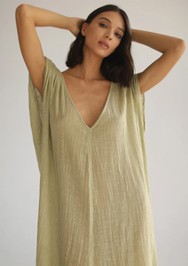 เดรสผ้าฝ้ายสีเขียวมะกอกทรงยาวสำหรับผู้หญิง แบรนด์ OEM เอวธรรมชาติ สายคาดเอวรักษ์โลก คอวีลึก สไตล์โบฮีเมียน ช่วงฤดูร้อน ผ่าหน้า - Product Image 5