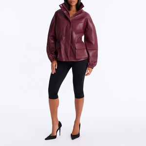 Veste en similicuir bordeaux personnalisée pour femme, col montant, coupe ample, poches cargo, manteau utilitaire en PU, streetwear automne-hiver - Product Image 5