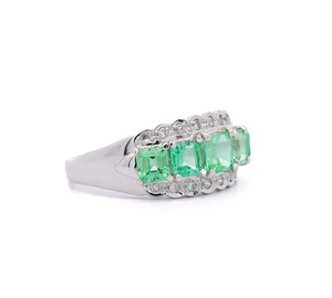 <b>Emerald</b> Cut Gemstone <b>Ring</b> Rhodium Plated 925 Silver Vintage Style Pave Setting Women's Engagement <b>Ring</b> May Birthstone - Product Image 1