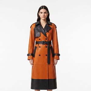 Manteau long en cuir véritable pour femme avec boutons, ceinture à la taille en cuir PU, col rabattu, pour filles - Product Image 6