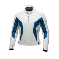 Jaket Motor Kulit PU Pria Warna Putih Biru Model Color Blocking Kerah Tegak Ritsleting Slim Fit Gaya Biker untuk Musim Semi