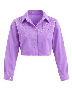 Chaqueta Vaquera Corta Personalizada para Mujer, Color Lavanda, con Adornos de Pedrería, Botones, Manga Larga, Estilo Casual Urbano - Product Image 1