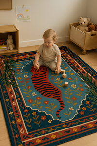 Alfombra de Lana Minimalista de Lujo para Interiores Modernos, Diseño Sólido Naranja con Borde Azul Cheetah, Hecha a Mano, Reversible, Antideslizante - Product Image 1