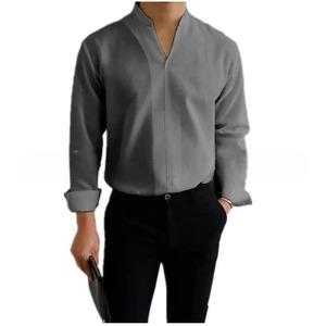 Camisa de Vestir Casual para Hombre, Manga Larga, Algodón y Lino, Transpirable, Cuello Mao, Color Sólido, Oferta de Otoño - Product Image 3