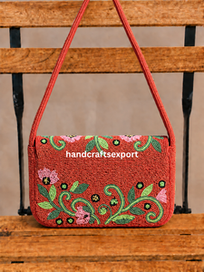 Wholesale Handmade <b>Red</b> Beaded Floral Shoulder Bag, Colorful Flower, Magnetic Snap Closure Durable Lightweight Eco-Friendly - Product Image 3
