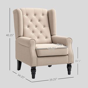 Poltrona con Schienale Alto e Bottoni Decorativi per Soggiorno, Sedia Lounge Beige con Braccioli Rotondi e Gambe in Legno - Product Image 3