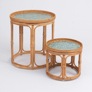 Natural rattan <b>table</b> with mother-of-pearl inlay. Beautiful garden cafe <b>table</b>, <b>balcony</b> tea <b>table</b>. - Product Image 1