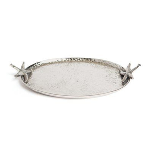 Bandeja de Servir de Aluminio Martillado con Asas de Estrella de Mar, Temática Costera, Platos de Metal Plateado Texturizado al por Mayor para Hoteles y Restaurantes - Product Image 1
