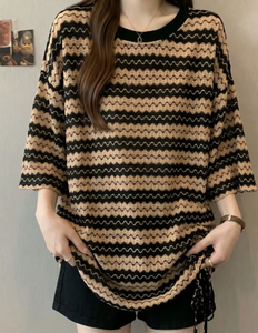 Plus Size Women's <b>Patchwork</b> Anti-Wrinkle O-Neck Pullover Short Sleeve 100% Cotton Casual Summer Knit Tee - Product Image 1