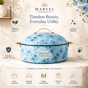หม้อตุ๋นเหล็กเคลือบสีน้ำเงินลายดอกไม้พรีเมียมจาก Marvel Handicrafts พร้อมฝาปิด เก็บความร้อนได้ดี เหมาะสำหรับเสิร์ฟอาหารร้อน อุปกรณ์ครัวสุดหรู - Product Image 5