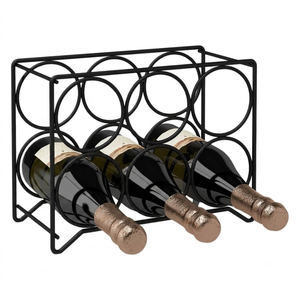 Industrial Style Metal And Wood Tabletop Wine Rack 6 Bottle Countertop Storage Stand With Rustic Tray Top For Home <b>Bar</b> & Kitchen - Product Image 2