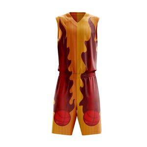 Conjunto de Uniforme de Baloncesto Sublimado Personalizado, Unisex para Adultos, Jersey y Pantalones Cortos de Poliéster Transpirable, Diseño de Llamas, Rojo, Naranja, Amarillo - Product Image 1