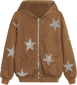 <b>Rhinestone</b> Winter Polyester/Cotton Fleece Zipper-Up Flare Sleeve Oversized Custom Printed Casual Front Hoodies for Women - Product Image 1
