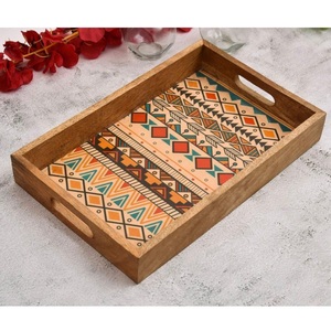Wooden Enamel Printed Tray <b>Rectangle</b> Food Serving Tray with <b>Side</b> Handles - Product Image 4
