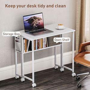 "Adjustable Angle White MDF <b>Folding</b> Computer <b>Desk</b> with Storage Shelf & Wheels for Home Office" - Product Image 5