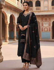 Ensemble Kurta et pantalon en soie romaine brodée noire avec dupatta, col cœur, coupe droite longueur mollet, tenue ethnique pour femme - Product Image 6