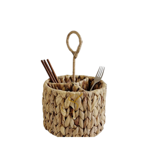 Handmade Water Hyacinth Utensil Caddy with Handle , 4 Section Woven Cutlery Holder for Dining <b>Table</b> - Product Image 1