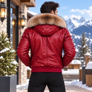 <b>Men's</b> Genuine Leather Hooded Bomber Jacket Fox Fur Trim <b>Summer</b> Breathable Plaid Pattern Motorcycle Fashion <b>Coat</b> Giacca Uomo - Product Image 4