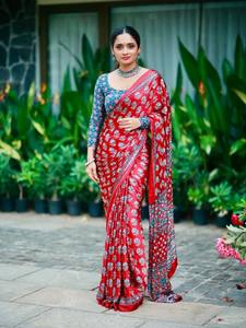 Jaipuri Printed Soft <b>Satin</b> Crep Floral Wrap Dress Party Indian Pakistani Clothing <b>Saree</b> With Mirror Work And Latkan - Product Image 6
