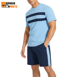 Summer Men Sports Tracksuit 2 Pieces Round Neck Workout Gym Running <b>Set</b> Boys Custom Unisex Striped Tshirt Shorts <b>Set</b> 100% Cotton - Product Image 5