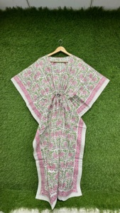 Kaftan en coton pour femmes, imprimé à la main, long, style bohème, été, printemps, automne, vêtements de plage, robe indienne faite à la main, respectueuse de l'environnement - Product Image 2