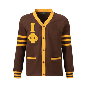 เสื้อคาร์ดิแกนคอวีสีน้ำตาลสำหรับผู้หญิงและผู้ชาย แบรนด์ OEM Custom Fraternity Iota Phi IPT  ถักนิตติ้งสำหรับฤดูใบไม้ร่วง  ทำจากขนแกะเมอริโนเนื้อละเอียดพิเศษ สวมใส่สบาย - Product Image 6