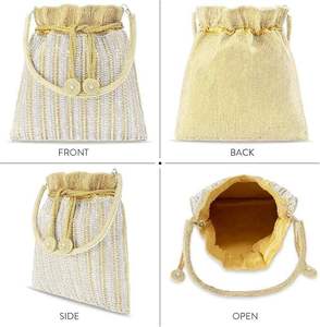 Pochette en lin faite à la main avec cordon de serrage, broderie perlée et détail pompon pour décoration de mariage - Product Image 1