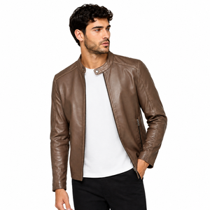 Veste en cuir pour homme, col montant, design classique, coutures robustes, doublure intérieure chaude, réversible, coupe confortable pour les voyages et les activités de plein air - Product Image 1