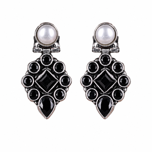 MOQ Available <b>Oxidized</b> Pearl Lovers Dangle Earrings | Antique Silver Plated Handmade Ethnic Jewelry | Boho Statement Earrings - Product Image 1