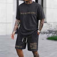 Ensemble 2 pièces pour homme : T-shirt oversize avec motif Christian Jesus et short délavé – Tenue décontractée « Trust in Lord »