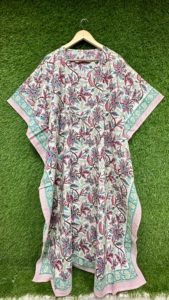 Robe Kaftan en coton pour femmes, imprimé floral, col en V, taille à cordon, manches courtes, coupe ample, tenue de plage, tenue de nuit - Product Image 6
