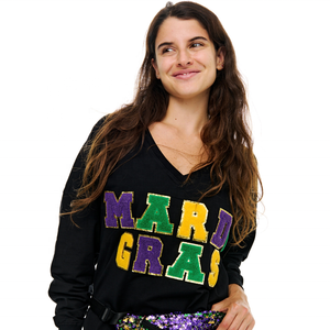 Women's Oversized Mardi Gras <b>Sequined</b> Long Sleeve T-Shirt V-Neck Purple Trim White Cotton Jersey Spring Summer Style - Product Image 1