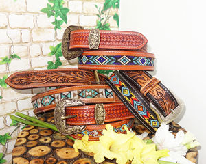 Cinturones de piel auténtica de vaca unisex, longitud personalizada, hebilla de latón con cuentas hechas a mano, estilo occidental, incluye logotipo personalizado - Product Image 2