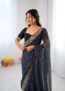 Sari en soie noire élégant avec broderie imprimée Bandhani pour mariage, style traditionnel indien pakistanais, longueur au sol, pour femmes - Product Image 4