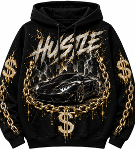 Hustle Hip Hop Hoodie Unisexe Noir Oversize Imprimé Écologique Léger Motif Chaîne de Voiture et Dollar Logo Avant 100% Coton - Product Image 2