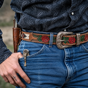 Cinturón de Cuero Grabado a Mano con Diseño Floral de Rosas Rojas Estilo Occidental Personalizado al por Mayor para Hombres y Mujeres con Cuentas Negras y Blancas - Product Image 4