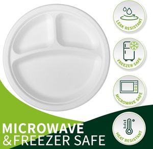 Thicker Sturdier 11-Inch 3-Compartment Bagasse <b>Disposable</b> <b>Plates</b> Eco-Friendly Compostable Microwave Safe Water Resistant - Product Image 2