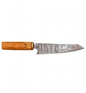 Couteau de chef Bunka artisanal en acier Damas avec manche en bois d'olivier naturel et collier en laiton - Product Image 1