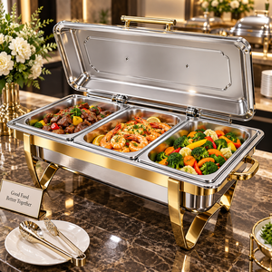 Plat de service rectangulaire de luxe en acier inoxydable à trois compartiments avec finition dorée, chauffe-plat durable et écologique pour buffet - Product Image 4